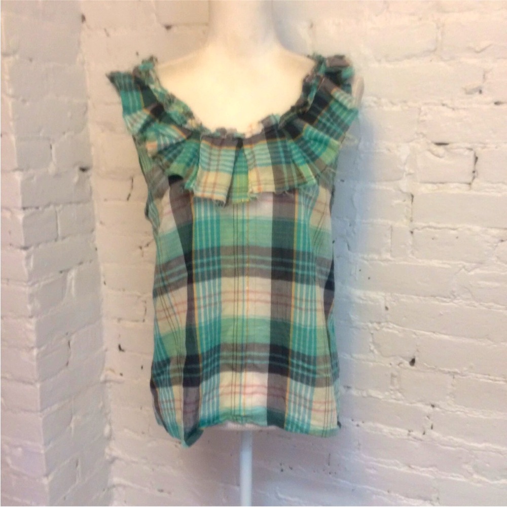 Suno ruffle sleeve cotton top green plaid size m
